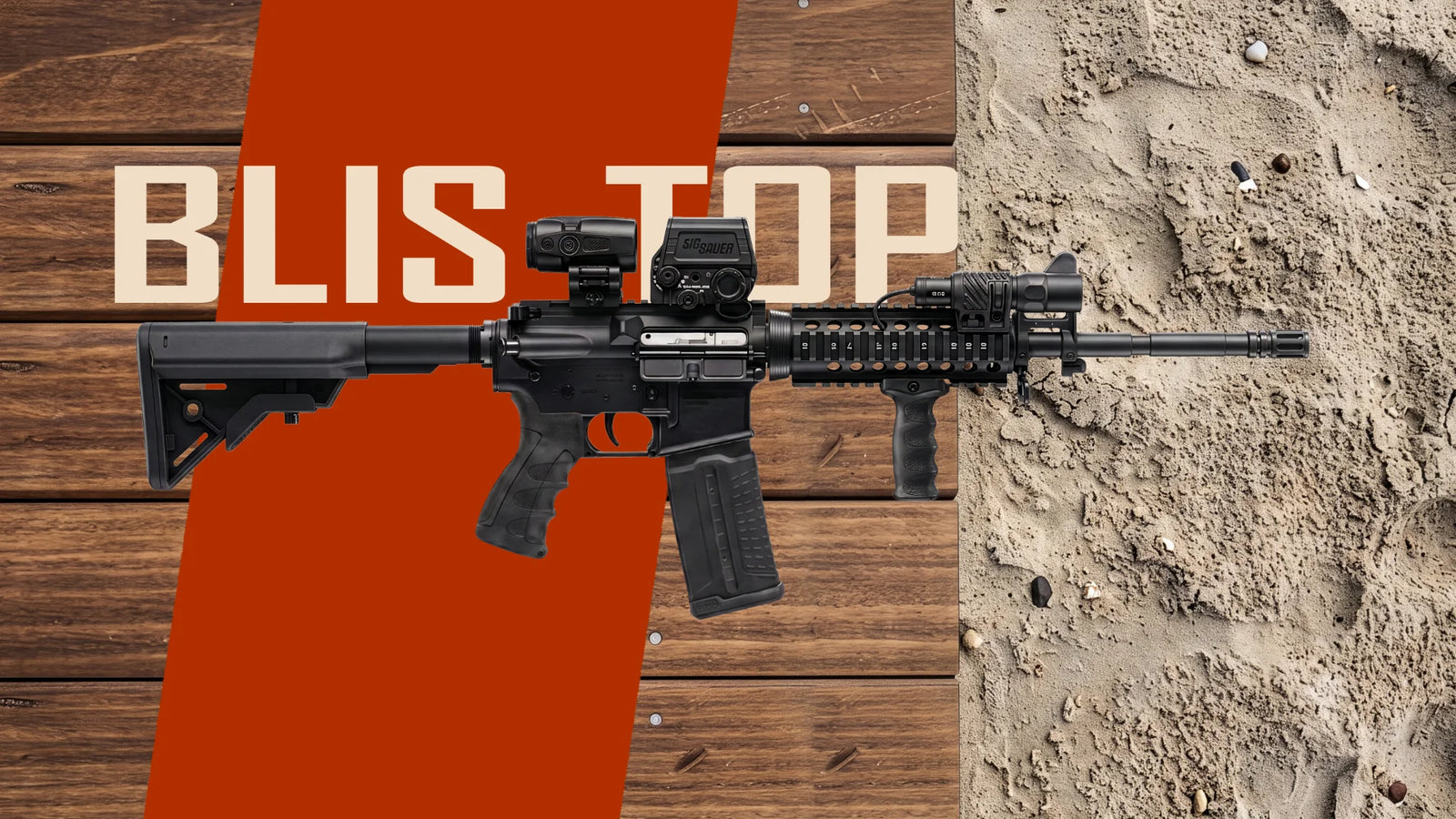 An image of a weapon and background text BLIS-TOP